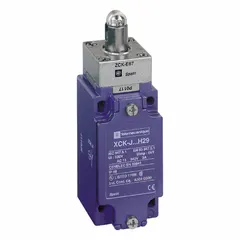 The XCKJ167H7 is a top-mount limit switch with a steel roller plunger actuator and screw clamp terminals. Its non-metallic housing is suited for industrial position sensing in automated machinery, conveyors, and packaging equipment.