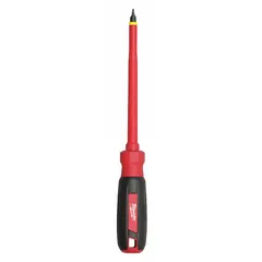 Slotted screwdriver with a 1/4 in tip, 6 in shank, and 10 in overall length. Long type design for extended reach. Cushion grip handle. Suitable for electrical work where insulation is required.