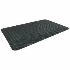 This 3 ft x 6 ft black mat is constructed of vinyl over PVC foam with a beveled edge. The 9/16 in thickness provides cushioning to reduce fatigue for workers standing on hard floors. The diamond-plate surface offers traction and wear resistance suitable for industrial environments such as assembly lines, machine shops, and workstations. Note: this mat does not have an anti-slip backing.