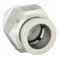 This SMC stainless steel push-to-connect x MNPT adapter fitting connects 1/2 in OD tubing to a 3/8" male NPT port. Suitable for pneumatic systems, instrumentation, and fluid handling in industrial automation and process control applications