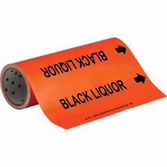 Orange adhesive pipe marker with black legend reading 'Black Liquor' and directional arrows. Designed for pipe outer diameters from 2-1/2 to 6 inches. Each roll contains 30 markers. Used to identify piping systems in industrial facilities.