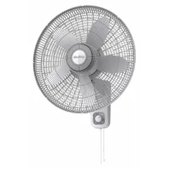 This AIR KING oscillating wall-mount fan is designed for home and office use. It features an 18-inch blade diameter, three speeds, and a 1/15 hp motor operating at 120V AC. The fan provides adjustable airflow to improve air circulation in rooms or workspaces.