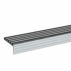 Fastener-installed aluminum stair nosing with black finish, measuring 3 in deep by 48 in wide. The grit surface provides slip resistance for stair treads. Suitable for use on industrial stairways where a durable, anti-slip edge is required.