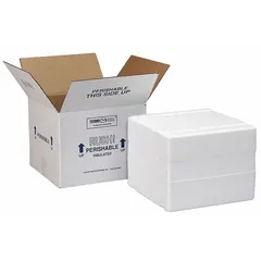 This insulated shipping kit consists of a white Styrofoam insert with 1.25 in wall thickness and a corrugated cardboard outer box. It is used for maintaining thermal stability of temperature-sensitive items during transport.