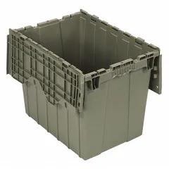 This 17.3 gallon plastic tote features a two-piece attached lid and a gray body. It is designed for organizing and storing parts, tools, or inventory in warehouses, manufacturing facilities, and distribution centers. The tote measures 21 7/8 in x 15 1/8 in x 17 1/4 in.