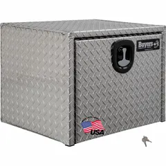 This single drop-down door box from BUYERS PRODUCTS is constructed with a silver finish and features a keyed lock for security. With an overall depth of 18 inches, it is suitable for underbody mounting on commercial vehicles to store tools and equipment.