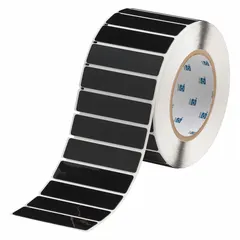 Polyester precut label roll with black gloss finish. Each label measures 3/4 in x 3 in, 500 labels per roll. Compatible with i5100 printer series. Used for on-demand identification of industrial panels and equipment in manufacturing and facility environments.