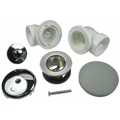 This half kit includes a bathtub drain and overflow assembly with a silver plastic body and a stainless steel grate. It features a push-and-pull operation, 1 1/2 in overall diameter, 2 1/2 in overall height, and a solvent weld connection type. Suitable for bathtub waste and overflow systems requiring solvent weld installation.