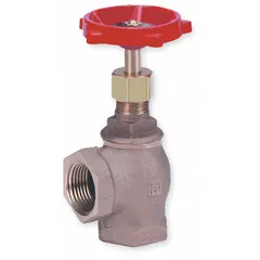 This bronze angle-body globe valve features a rising stem and 2-inch NPT connections. It is suited for general-service applications requiring flow regulation or shut-off in piping systems handling gas, oil, steam, or water, particularly where a 90-degree flow path is needed.