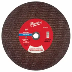 This MILWAUKEE cut-off wheel is a Type 1 general purpose abrasive wheel for cutting carbon and stainless steel. It measures 14 inches in diameter with a 7/64-inch thickness and 1-inch arbor hole, using 30 grit aluminum oxide. Suitable for metal fabrication, construction, and maintenance tasks requiring clean cuts on ferrous materials.