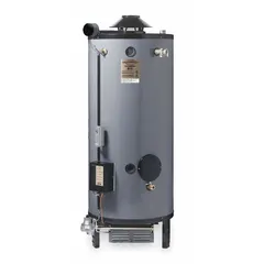 General-purpose commercial gas water heater with 100-gallon nominal tank capacity and 199,900 BTU input. Operates on liquid propane with direct spark to pilot ignition and standard vent type (6-inch vent connection). Includes temperature and pressure relief valve; recovery rate 138 gph at 140°F rise, maximum recovery flow 485 gph at 40°F rise. Canada CSA certified, 120V AC operation.