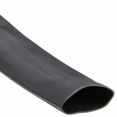 Black polyolefin heat shrink tubing with 2-inch inner diameter before shrinking and 0.65-inch after. Supplied on a 25-foot reel. Used for insulating and protecting electrical wires, cables, and connections from moisture, abrasion, and environmental damage in applications such as automotive wiring, industrial equipment, and electrical panel maintenance.
