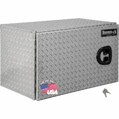 This single barn-door storage box is designed for underbody mounting on trucks. It features a silver finish and a keyed lock for security. With an 18-inch overall depth, it provides enclosed storage for tools and equipment in fleet and vehicle maintenance applications.