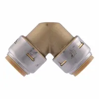 This standard brass push-to-connect elbow fitting connects two 3/4 in OD tubes at a 90-degree angle. It is used in plumbing and industrial fluid systems for applications such as potable water, hydronic heating, and compressed air. The push-to-connect design enables tool-free installation and provides a leak-proof joint