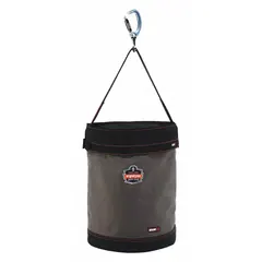 This gray canvas bucket bag measures 16 inches wide by 20 inches high by 16 inches long. It features a buckle closure and no pockets. Suitable for carrying tools or supplies in industrial and maintenance environments.