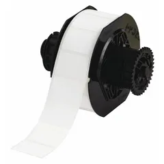 White matte precut label roll for sterilization-indicating applications. Each label measures 1 1/2 in x 1 in, with 1250 labels per roll. Compatible with BBP33 printer series. Used in healthcare and laboratory settings to label items undergoing sterilization, with color change indicating exposure to sterilization conditions.