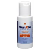 SUNX Sunscreen is a unitized lotion with SPF 50, packaged in a 1 oz bottle. It is paraben free and contains Aloe Vera as an active ingredient. This sunscreen is suitable for outdoor work environments where protection from UV radiation is needed