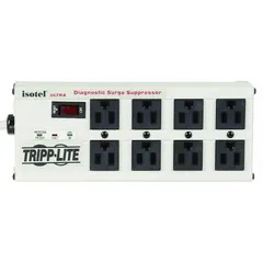 Industrial surge protector outlet strip with 8 outlets, 12 ft power cord, 3,840 J surge energy rating, and 12 A current capacity. UL 1449 listed for transient voltage surge suppression. Keyhole mounting allows secure attachment to racks or walls. Suitable for protecting sensitive electronics in industrial environments.