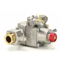This valve assembly is a replacement part for Vulcan Hart ovens. It regulates gas or fluid flow within the oven's combustion system. Suitable for commercial kitchen maintenance and repair applications