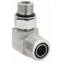This steel hydraulic hose adapter features a rigid 90° elbow design with male x male connections, ORS (O-Ring Seal) to ORB (O-Ring Boss). It is used in hydraulic systems to transition between these two port types, commonly found in fluid power applications where space constraints require a directional change