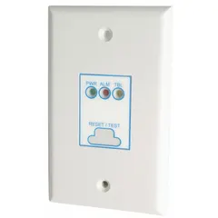 Surface-mounted remote test station for fire alarm systems, designed for single gang box mounting. Provides visual indication of alarm and trouble conditions. ULC-listed and compatible with ESD 4WJ models. White finish.