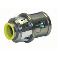Non-insulated straight connector for terminating flexible metal conduit (FMC) in electrical systems. Die-cast zinc construction with snap-in, push-in design and nylon anti-short bushing. For 3/8 in trade size FMC. cULus Listed
