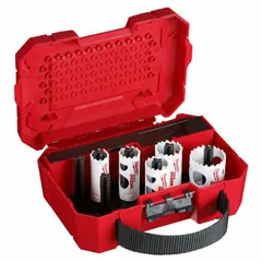 This 9-piece hole saw kit is constructed from alloy steel with 6 teeth per inch. It offers a maximum cutting depth of 1 5/8 in. Suitable for cutting holes in wood, metal, and plastic in construction, electrical, plumbing, and HVAC applications.