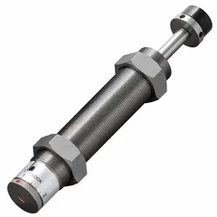 Steel industrial shock absorber rated at 60 N force. Used to decelerate moving loads and absorb impact energy in automated machinery, conveyors, and packaging equipment.