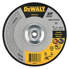 Type 27 depressed center grinding wheel for carbon and stainless steel. Ceramic abrasive with 24 grit for heavy stock removal and weld grinding. 9-inch diameter, 1/4-inch thickness, 5/8-11 arbor. Part of the SG24N series.