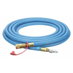 This 25-foot rubber airline hose with 3/8 in inside diameter and 1/4 in male pipe thread fittings is rated for a maximum pressure of 120 psi. It is used to supply breathable air from a compressed air source to a supplied-air respirator in environments with airborne contaminants.