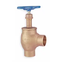 Bronze angle-body globe valve with rising stem for general service. Suitable for regulating flow in compressed air, gas, steam, and water systems. Angle body design reduces pressure drop and is used in piping layouts where space is limited. Pipe size: 1 1/2 in