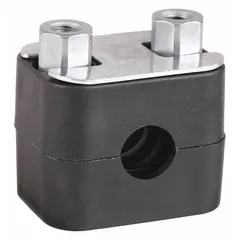 This beta clamp secures and cushions a single hydraulic or pneumatic line, reducing vibration and noise. The steel clamp provides rigid support, while the polypropylene cushion with a ribbed bore grips the tube firmly. Suitable for use in industrial machinery and fluid power systems to minimize line fatigue.