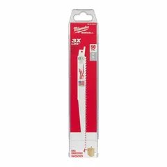 This reciprocating saw blade is designed for cutting wood with embedded nails. It features a rigid, tapered geometry for straight cuts. Blade length is 9 inches with a thickness of 0.04 inches. Sold in a pack of 50.
