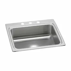 This one-bowl counter-mounted sink is designed for installation in kitchen and bar countertops. It features a 22-inch overall width and an 8 1/8-inch bowl depth, finished in silver/gray. Suitable for residential or commercial food preparation and cleanup areas.