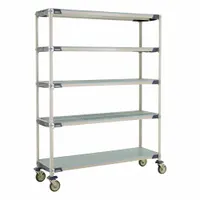This mobile shelving unit features five standalone shelves constructed from 304 stainless steel with antimicrobial and corrosion-resistant properties. It is NSF approved and equipped with two swivel casters, making it suitable for wet environments in industrial settings such as food service, healthcare, and laboratories