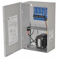 The ALTRONIX ALTV244175UL is a power supply board housed in a steel enclosure. It accepts 115V AC input and provides 24V AC output at 7A through four fuses. This unit is used to power low-voltage devices in security, access control, and CCTV systems
