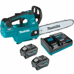 This 40 V battery-powered chainsaw features a top handle design and a 12-inch bar length. It includes an adjustable/automatic chain oiler for reduced friction during operation. Suitable for pruning, limbing, and light tree care tasks.