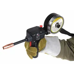 MIG spool gun for aluminum welding with Argon shielding gas. Rated 200 A, accepts 3/64 in wire, and includes a 25 ft cable. Features a Tweco-Compatible rear connection. Suitable for light to medium fabrication and repair tasks.
