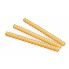 3M 3762 is a tan hot melt adhesive supplied as Quadrack sticks (5/8 in diameter, 8 in length) in an 11 lb pack of 154 sticks. It bonds plastic, wood, and paper, with a melting temperature of 350°F. Compliant with FDA 21 CFR 175.105, it is used for packaging applications such as sealing shipping boxes.