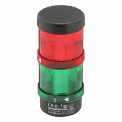 Two-tier tower light assembly with green and red light tiers, no sounder tier. Operates on 24V AC/DC. Overall height 155 mm, diameter 70 mm. Provides visual status indication for machine states in industrial automation and process control applications.