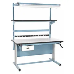Laminate workstation with a 60 in x 30 in blue work surface. Adjustable height and 330 lb overall load capacity. Includes integrated power, storage, and overhead lighting for assembly, testing, or inspection tasks.