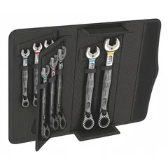 Set of 8 SAE 12-point ratcheting combination wrenches made of alloy steel with a nickel-chrome finish. Features a reversing mechanism for easy direction changes. Includes sizes from 9/32 in to 3/4 in. Supplied in a pouch for storage. Used for tightening and loosening fasteners in mechanical assembly and maintenance tasks.
