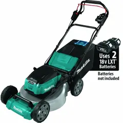 This battery-powered lawn mower features an 18 in cutting width, steel deck, and single-point cutting height adjustment. It offers bag/mulch discharge and variable speed settings, operating on the LXT battery platform. Suitable for residential turf maintenance on medium-sized lawns.