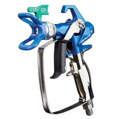 This GRACO airless spray gun features an aluminum body and a 1/4 in NPSM air inlet. It is compatible with coatings, enamels, lacquers, and stains, and includes a RAC X LP 517 SwitchTip for a 10 in to 10 in spray pattern. Suitable for industrial finishing applications.