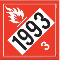 This placard displays the message 'Flammable Liquid UN 1993' and is used for labeling containers that hold flammable liquids. It measures 10 3/4 inches by 10 3/4 inches with a label height of 10 3/4 inches. Suitable for drums, totes, and other industrial containers during transport or storage