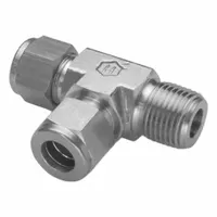 This HAM-LET Let-Lok compression tee fitting is made of stainless steel and features a double-ferrule design for secure tube gripping without welding. It has a 1/2 in OD tube end, a 3/8 in pipe end, and a second 1/2 in OD tube end. Compatible with Parker A-LOK fittings, it is used to create leak-tight branch connections in tubing systems for industrial instrumentation, chemical processing, and hydraulic lines