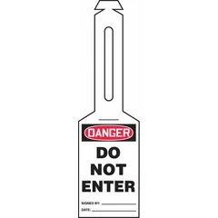 White single-part danger tags with attached strap, size #7. Pack of 25. Legend is printed on one side only. Used to mark equipment or areas with immediate hazards such as locked-out machinery or high-voltage panels.