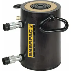 Double-acting hydraulic ram with 150-ton nominal capacity and 4-inch stroke. Aluminum construction reduces weight for portability. Used for heavy lifting, pressing, and positioning in industrial maintenance and manufacturing.