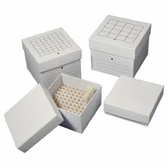 White cardboard storage box with overall dimensions of 5 1/4 in length, 5 1/4 in width, and 1 7/8 in height. Designed to hold 81 vials of 2 in x 1/2 in size. Suitable for organizing and protecting samples in laboratory freezer storage.
