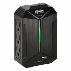 Compact direct plug-in surge protector with 6 outlets, 490 J rated energy, and 4 A current. UL 1449 listed with 5-15P plug and 5-15R receptacles. Keyhole mounting allows secure wall attachment. Suitable for protecting electronics in home or office environments.